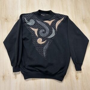 Vintage Extravaganza Sweatshirt Womens Large Black Mock Neck Abstract Pullover